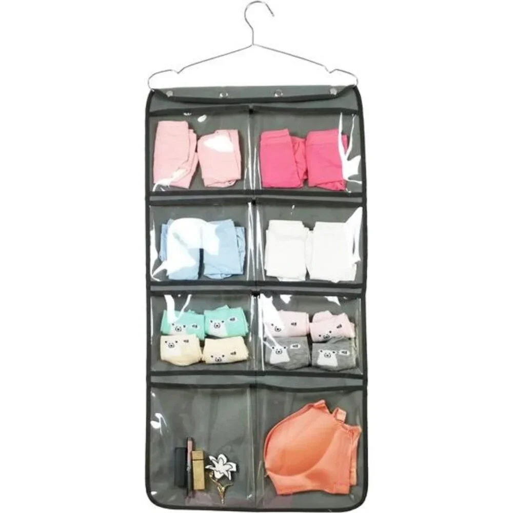 Hanging closet organizer dual sided with clear pockets for underwear socks bras